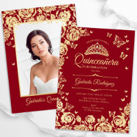 Red Gold Roses Butterflies Quinceanera Photo