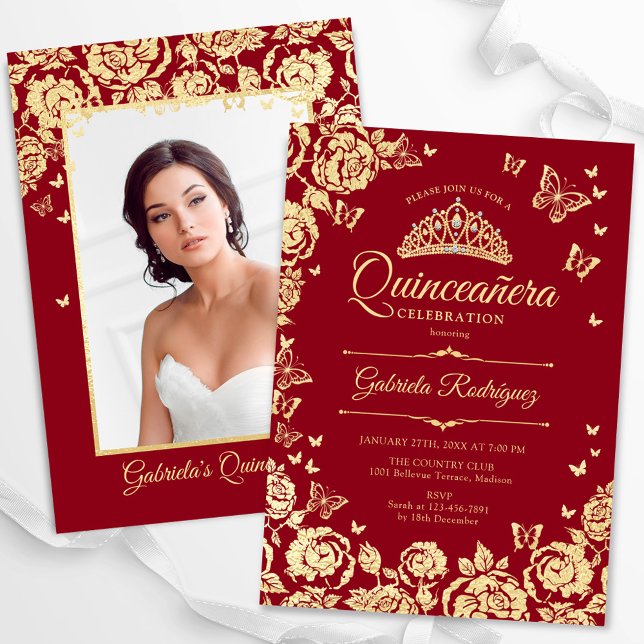 Red Gold Roses Butterflies Quinceanera Photo Invitation (Creator Uploaded)