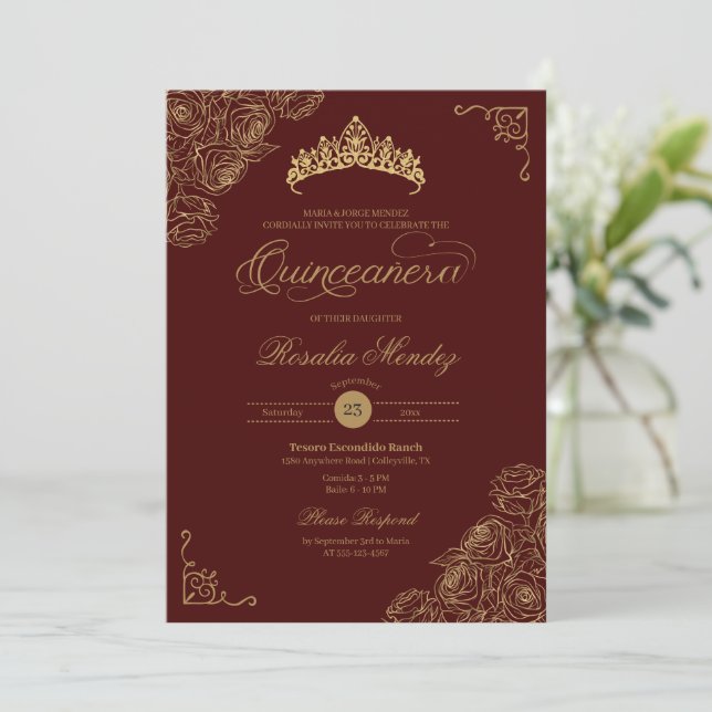 Red & Gold Roses Elegant Quinceañera  Invitation (Standing Front)