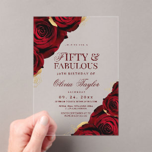 Red Gold Roses Fifty 50th Birthday Acrylic Invitations