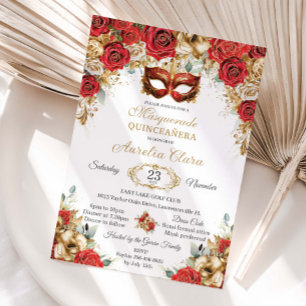Red Gold Roses Floral Masquerade Ball Quinceanera  Invitation