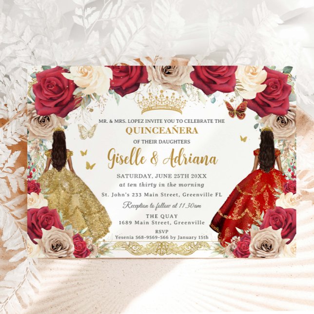 Red Gold Roses Floral Twins Quinceañera 15 XV Invitation (Creator Uploaded)