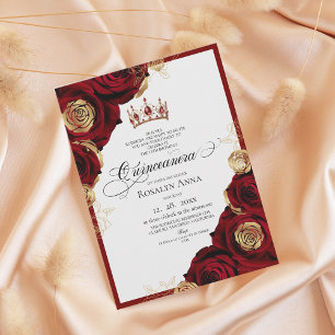 Red Gold Roses Princess Quinceañera  Invitation