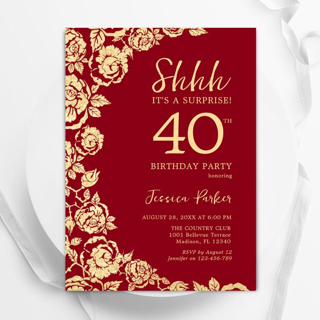Red Gold Roses Surprise 40th Birthday Invitation (Creator Uploaded)