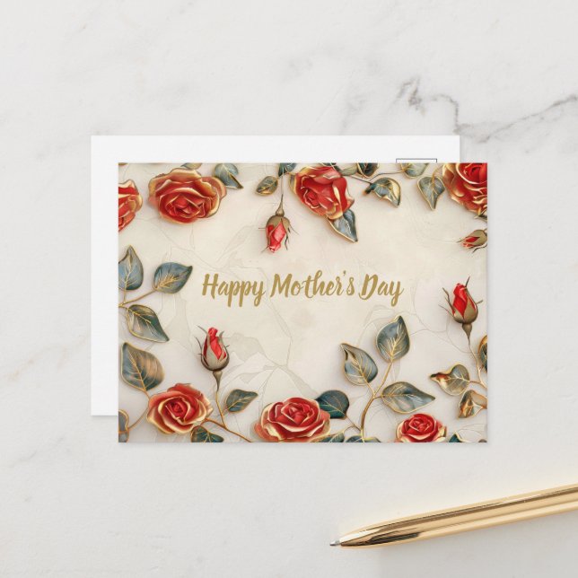 Red Gold Roses Vintage Mother's Day Holiday Postcard (Front/Back In Situ)