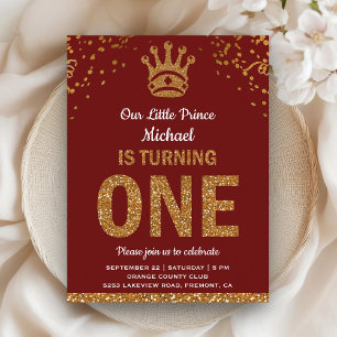 Red Gold Royal Prince First Birthday Invitation Postcard