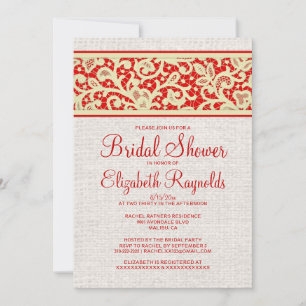 Red Gold Rustic Burlap Linen Bridal Shower Invites