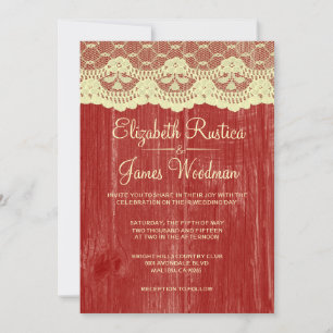 Red & Gold Rustic Lace Wood Wedding Invitations