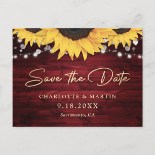 Red Gold Rustic Wood Script Sunflower Wedding Announcement Postcard