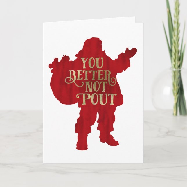 Red & Gold Santa Toy bag You Better Not Pout Party Card (Front)