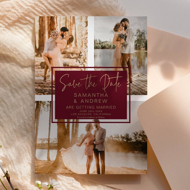 Red gold save the date 3 photo grid collage postcard (Creator Uploaded)