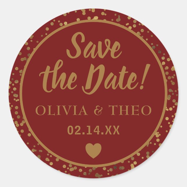 Red Gold Save the Date  Classic Round Sticker (Front)