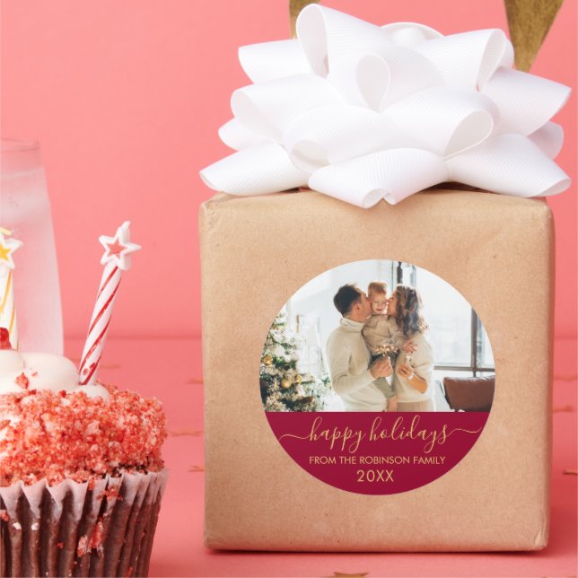 Red Gold Script Family Photo Happy Holidays Classic Round Sticker (Party)