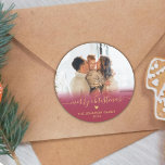 Red Gold Script Family Photo Merry Christmas  Cl Classic Round Sticker<br><div class="desc">Elegant Whimsical Red and Gold "Merry Christmas"  Script Calligraphy Family Photo Holiday Round Sticker. Features Photo template,  family name,  year and a little cute heart motif. Great for Mailing Accessories Envelope Seals and Gift Stickers.</div>