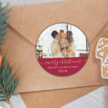 Red Gold Script Family Photo Merry Christmas Classic Round Sticker<br><div class="desc">Elegant Minimalist Modern Red and Gold Script "Merry Christmas" Calligraphy Family Photo Holiday Large Sticker.  Great for Mailing Accessories Envelope Seals and Gift Stickers.</div>