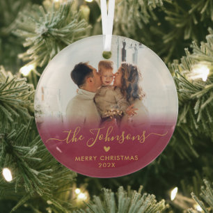 Red Gold Script Family Photo Merry Christmas Glass Tree Decoration