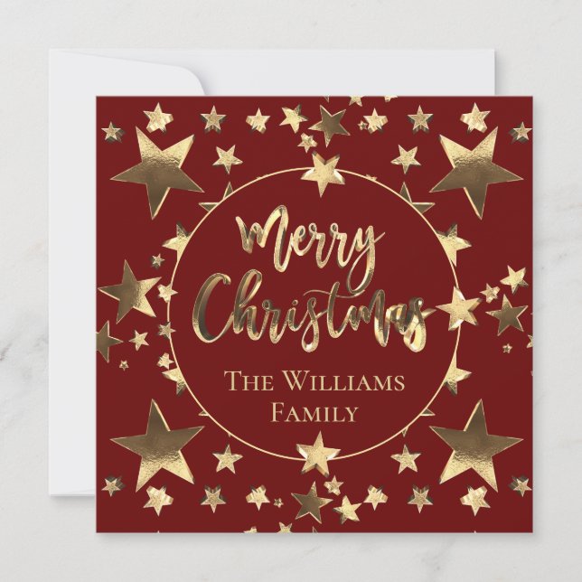 Red Gold Script Stars Modern Chic Merry Christmas (Front)