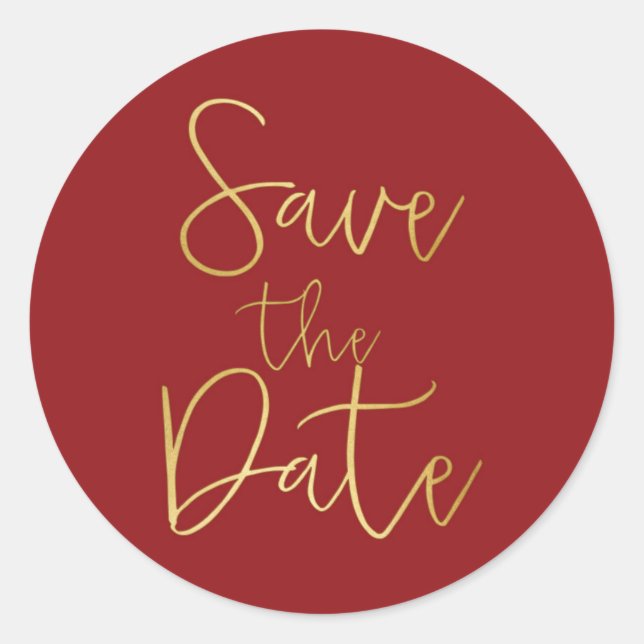 Red & Gold Script Type SAVE THE DATE Sticker (Front)
