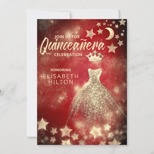 Red Gold Sequins dress moon stars Quinceañera  Invitation (Front)