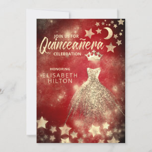 Red Gold Sequins dress moon stars Quinceañera  Invitation