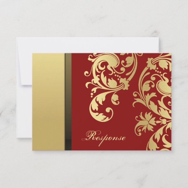 Red Gold Shimmer Floral Wedding Response RSVP (Front)