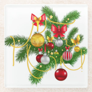 RED GOLD SILVER CHRISTMAS ORNAMENTS & BOWS GLASS COASTER