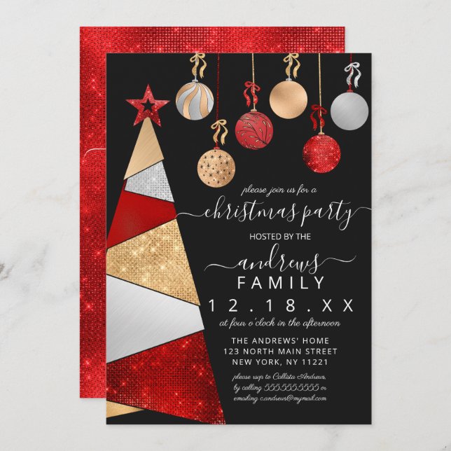 Red Gold Silver Glitter Tree Ornaments Christmas Invitation (Front/Back)