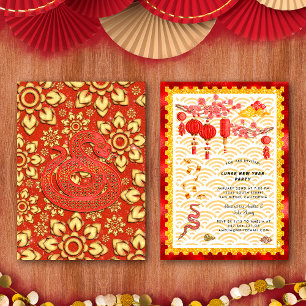 Red Gold Snake Zodiac Chinese New Year Party Invitation