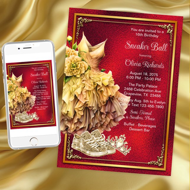 Red Gold Sneaker Ball  Invitation (Red gold sneaker ball invitation. Instant download and printed invitations available.)