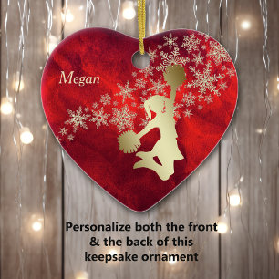 Red Gold Snowflake Cheerleader Personalised Ceramic Tree Decoration
