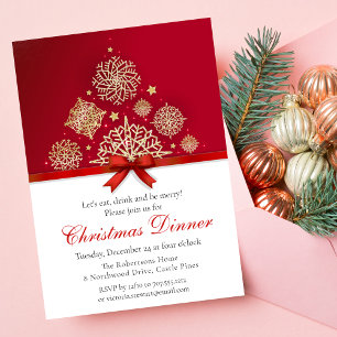 Red Gold Snowflake Christmas Dinner Party Invitation