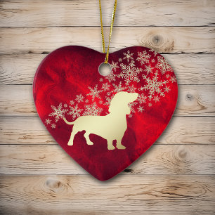 Red Gold Snowflake Dachshund Ceramic Tree Decoration