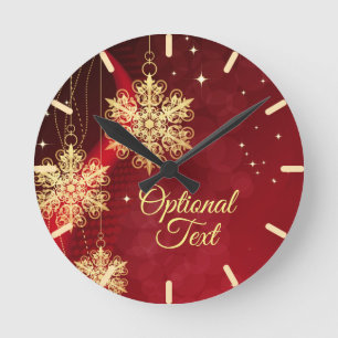 Red & Gold Snowflake Filigree Custom Christmas Round Clock