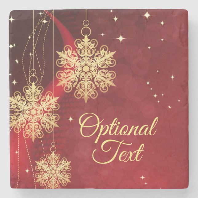 Red & Gold Snowflake Filigree Custom Christmas Stone Coaster (Front)