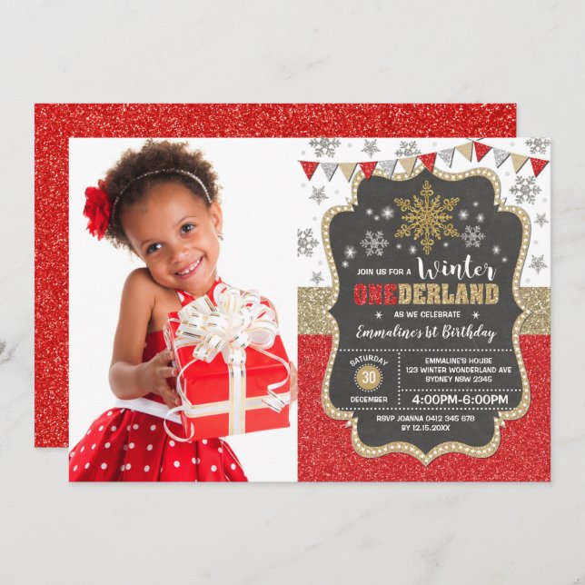 Red Gold Snowflake Winter Holiday 1st Birthday Invitation (Front/Back)