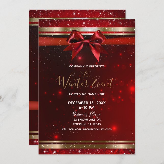 Red & Gold Sparkle Chic Bow Elegant Holiday Event Invitation (Front/Back)