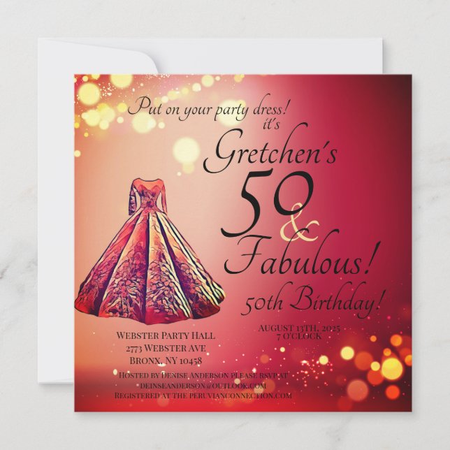 Red Gold Sparkle Fifty 50 & Fabulous 50th Birthday Invitation (Front)