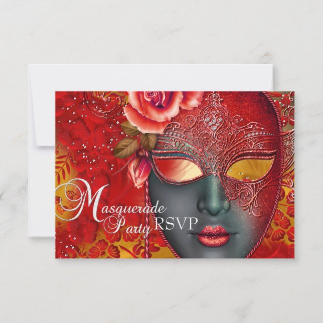 Red & Gold Sparkle Mask Masquerade Party RSVP Card (Front)