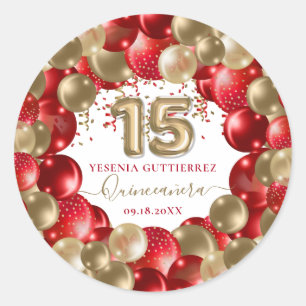  Red Gold Sparkle Quinceañera Balloon Classic Round Sticker