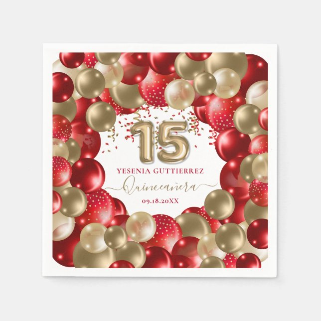  Red Gold Sparkle Quinceañera Balloon Napkin (Front)