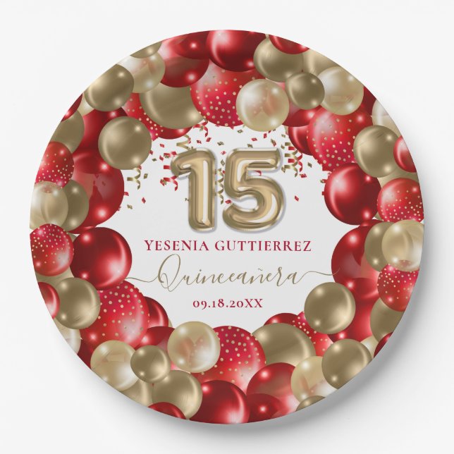  Red Gold Sparkle Quinceañera Balloon Paper Plate (Front)