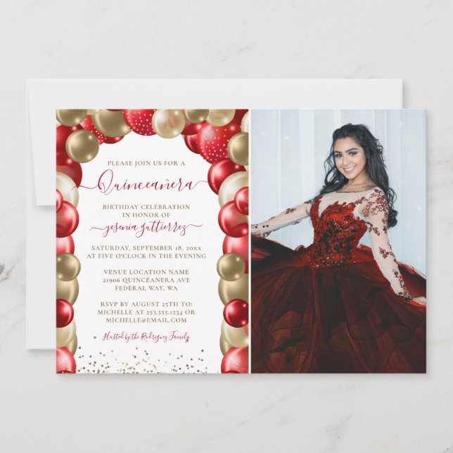  Red Gold Sparkle Quinceañera Balloon Photo Invita Invitation (Front)