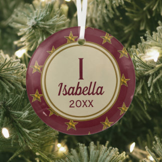 Red Gold Star Initial Holiday Monogram Christmas Glass Tree Decoration