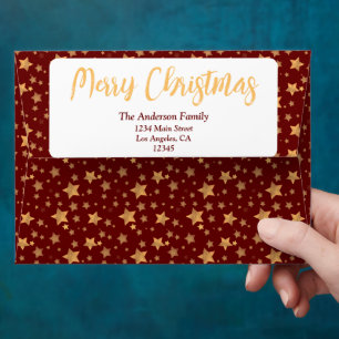Red Gold Star Script Elegant Merry Christmas Card Envelope