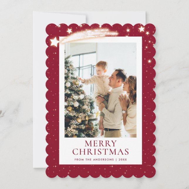 Red Gold Starry Night Photo Merry Christmas Holiday Card (Front)