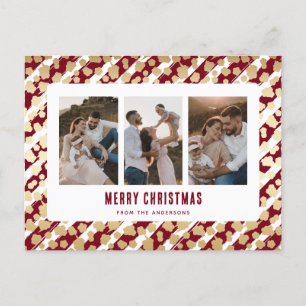 Red Gold Stars 3 Photo Merry Christmas Holiday Postcard