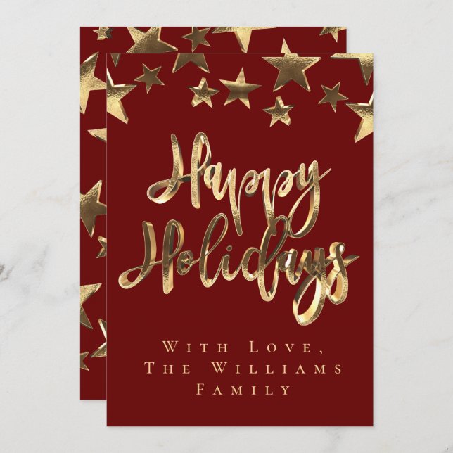 Red Gold Stars Happy Holidays Script Christmas Invitation (Front/Back)