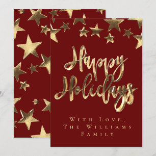 Red Gold Stars Happy Holidays Script Christmas Invitation