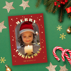 Red Gold Stars Oblong Photo Merry Christmas