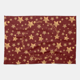 Red Gold Stars Pattern Elegant Merry Christmas Tea Towel